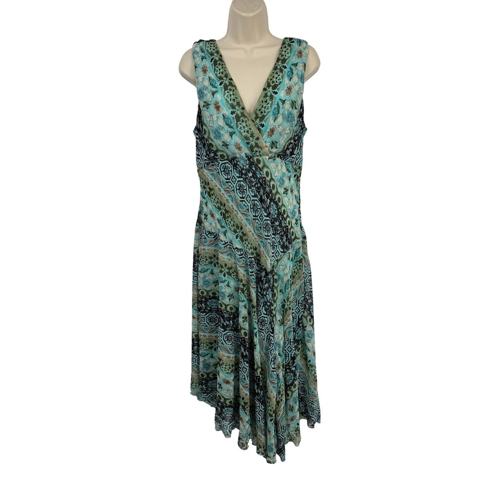 Vintage Y2K Dressbarn Handkerchief Hem Dress Womens 14 Turquoise Floral Fairy - Picture 2 of 16